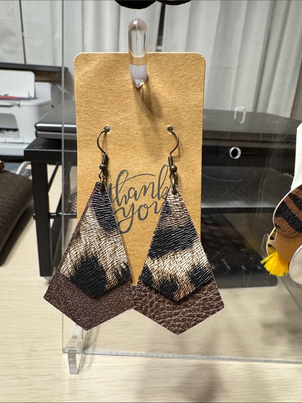 Hand Crafted Brown Leopard Tiered Leather Earrings